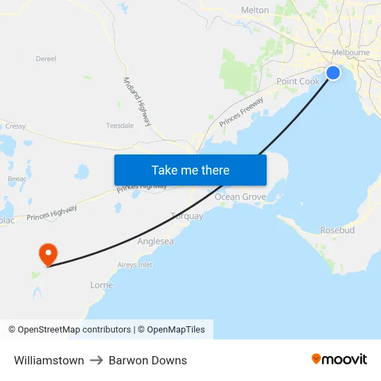 Williamstown to Barwon Downs map