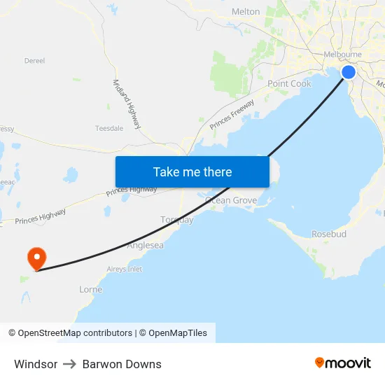 Windsor to Barwon Downs map
