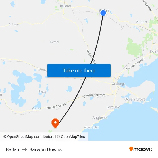 Ballan to Barwon Downs map