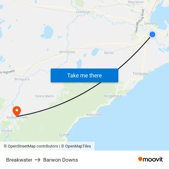 Breakwater to Barwon Downs map