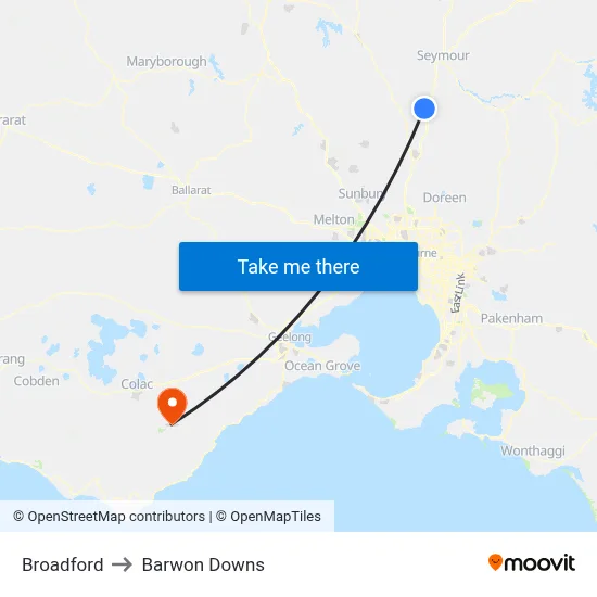Broadford to Barwon Downs map