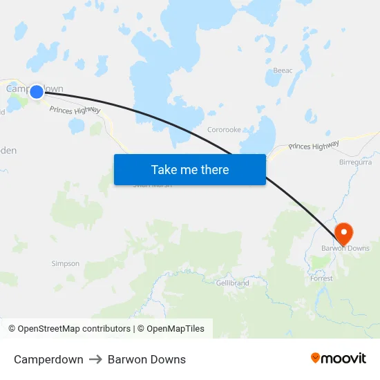 Camperdown to Barwon Downs map