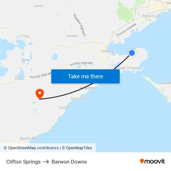 Clifton Springs to Barwon Downs map