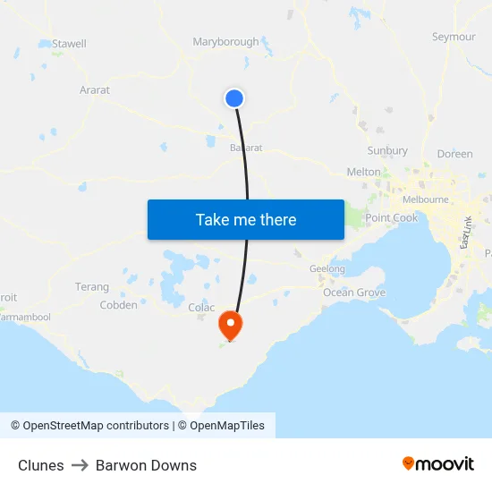 Clunes to Barwon Downs map
