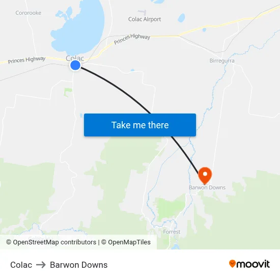 Colac to Barwon Downs map