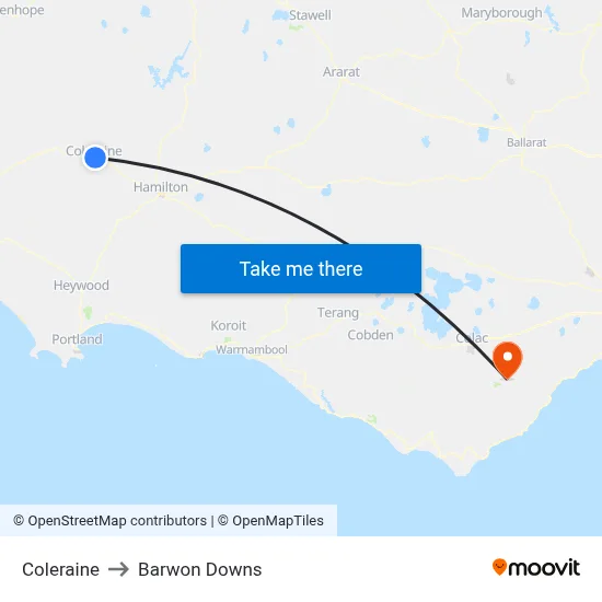 Coleraine to Barwon Downs map