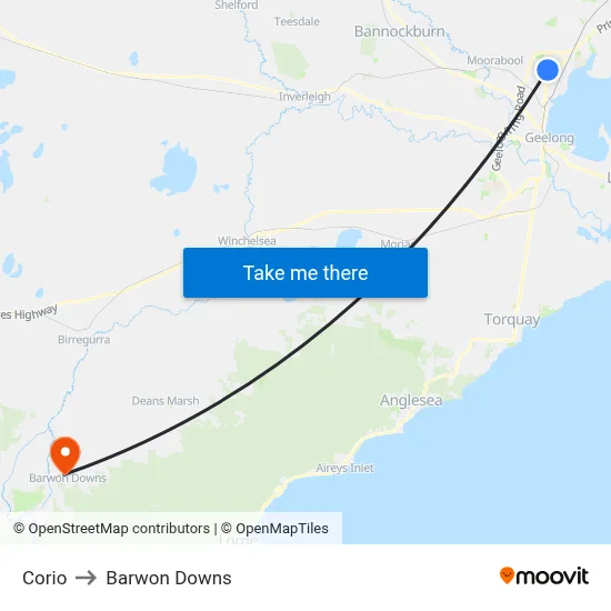 Corio to Barwon Downs map