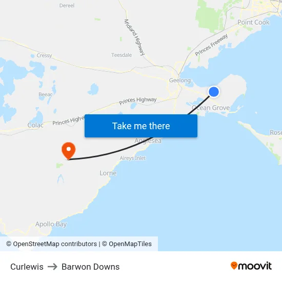 Curlewis to Barwon Downs map