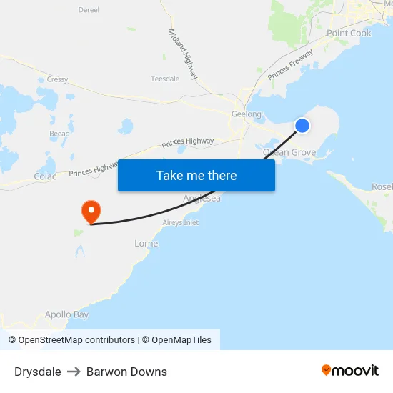 Drysdale to Barwon Downs map
