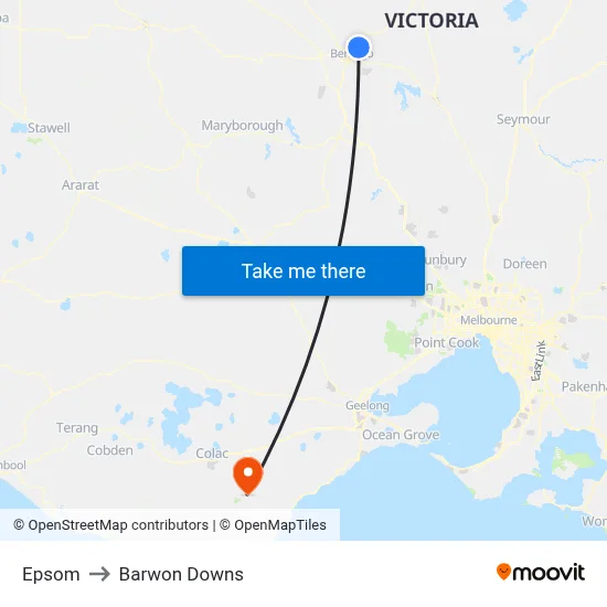Epsom to Barwon Downs map