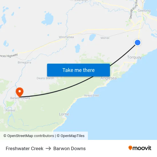 Freshwater Creek to Barwon Downs map