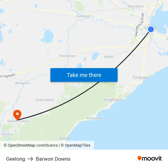 Geelong to Barwon Downs map