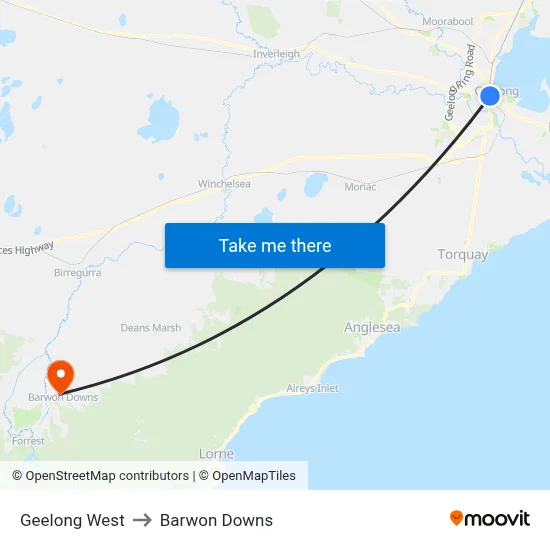Geelong West to Barwon Downs map