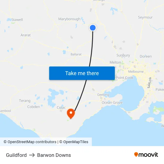 Guildford to Barwon Downs map