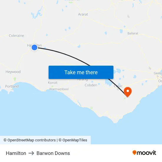 Hamilton to Barwon Downs map