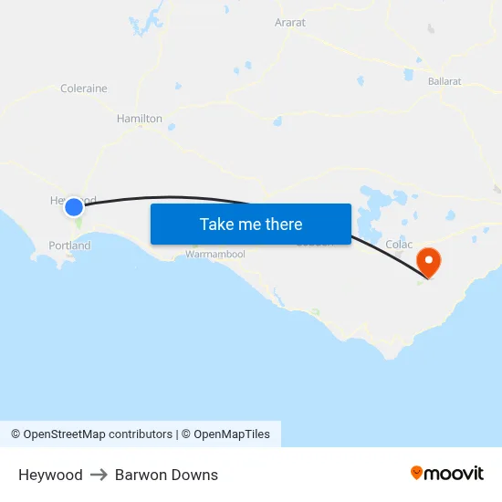 Heywood to Barwon Downs map