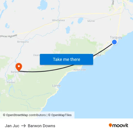 Jan Juc to Barwon Downs map