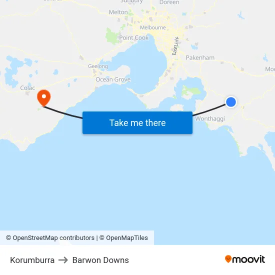 Korumburra to Barwon Downs map
