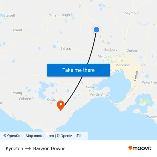 Kyneton to Barwon Downs map