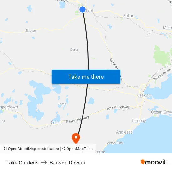 Lake Gardens to Barwon Downs map