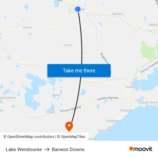Lake Wendouree to Barwon Downs map
