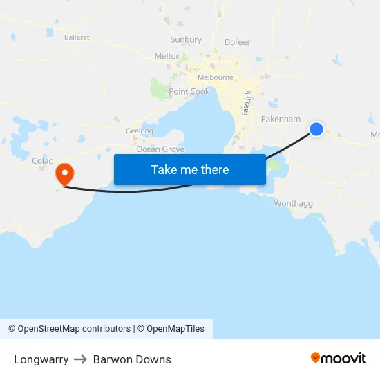 Longwarry to Barwon Downs map