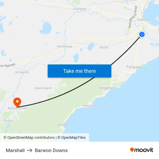 Marshall to Barwon Downs map