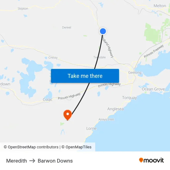 Meredith to Barwon Downs map