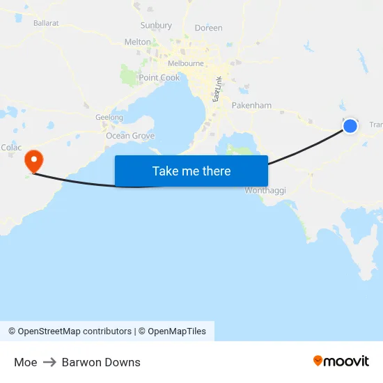 Moe to Barwon Downs map