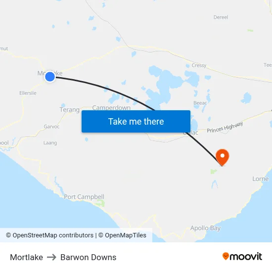 Mortlake to Barwon Downs map