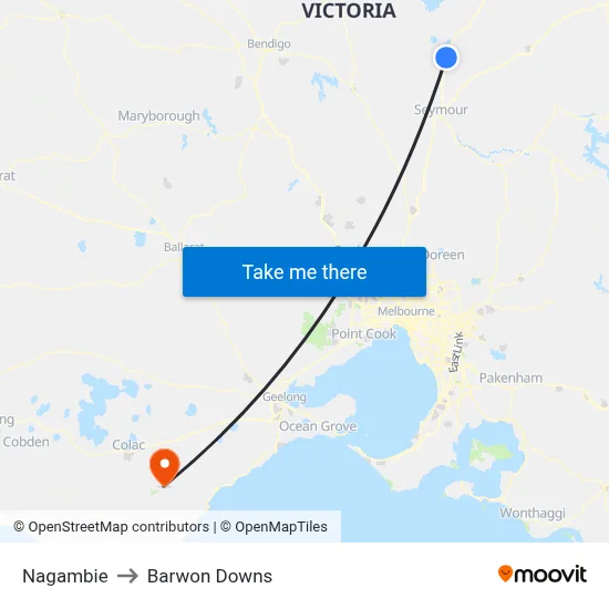 Nagambie to Barwon Downs map