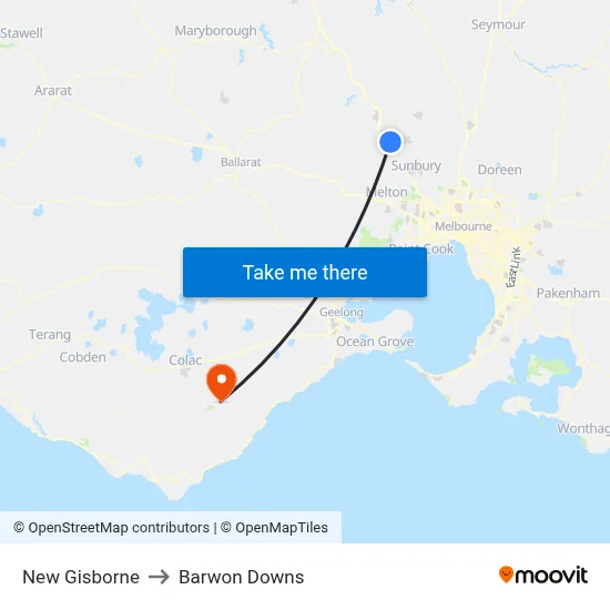 New Gisborne to Barwon Downs map