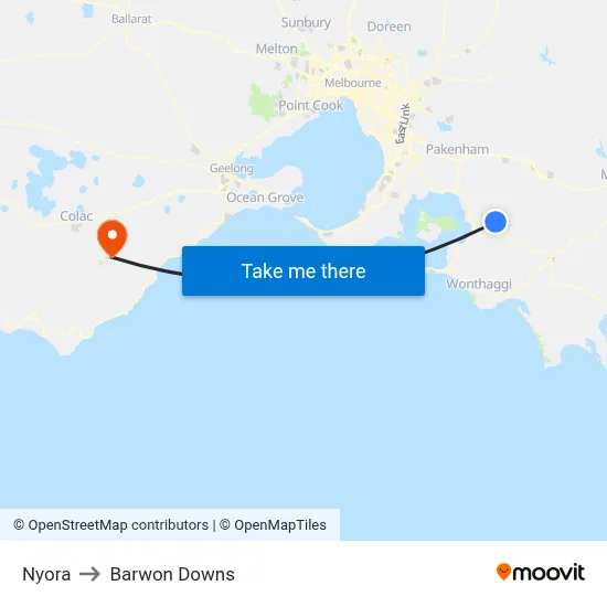 Nyora to Barwon Downs map
