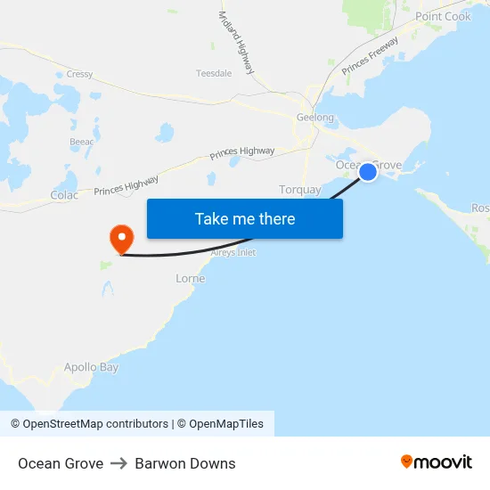 Ocean Grove to Barwon Downs map