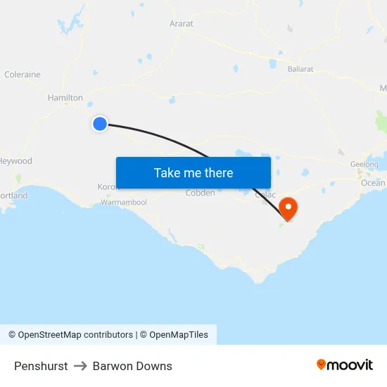 Penshurst to Barwon Downs map