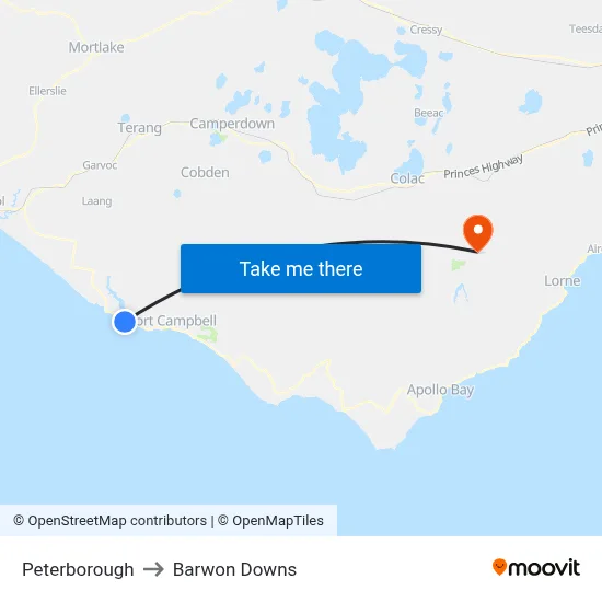Peterborough to Barwon Downs map