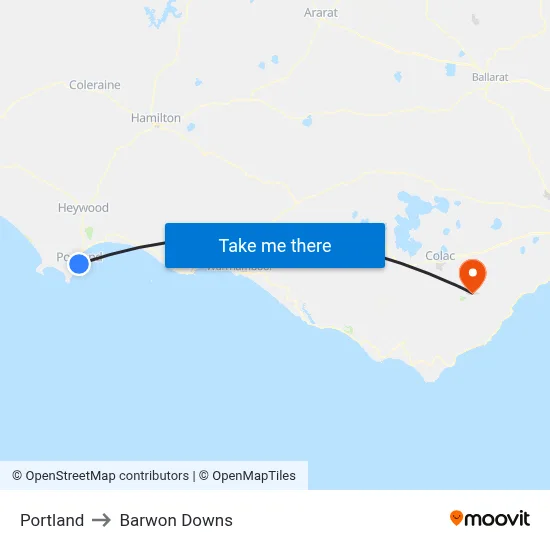 Portland to Barwon Downs map