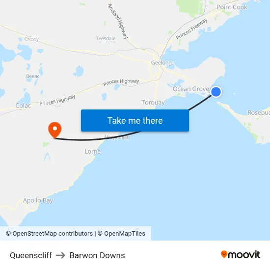Queenscliff to Barwon Downs map