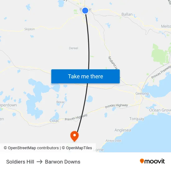 Soldiers Hill to Barwon Downs map
