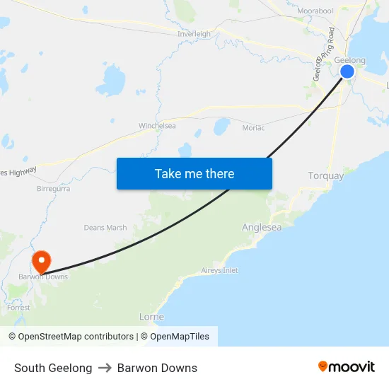 South Geelong to Barwon Downs map