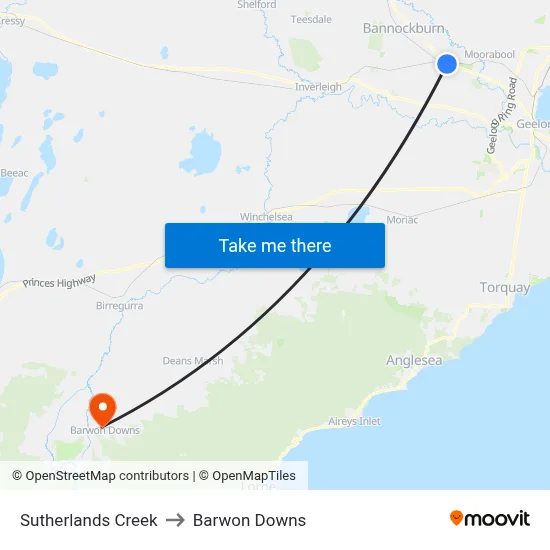 Sutherlands Creek to Barwon Downs map