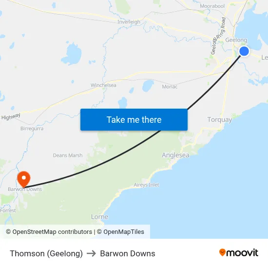 Thomson (Geelong) to Barwon Downs map