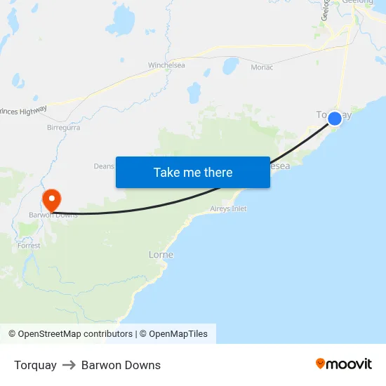 Torquay to Barwon Downs map