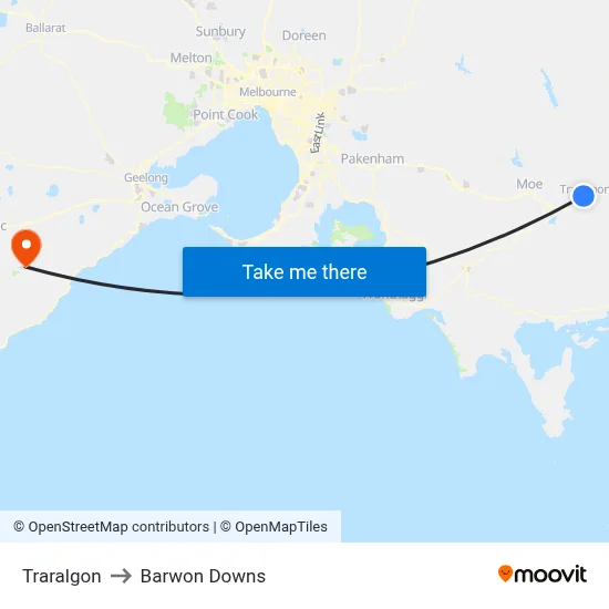 Traralgon to Barwon Downs map