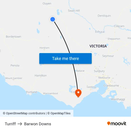 Turriff to Barwon Downs map