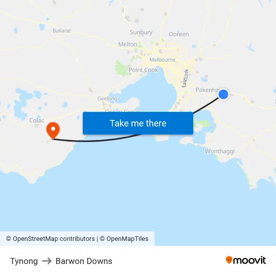 Tynong to Barwon Downs map