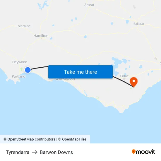Tyrendarra to Barwon Downs map
