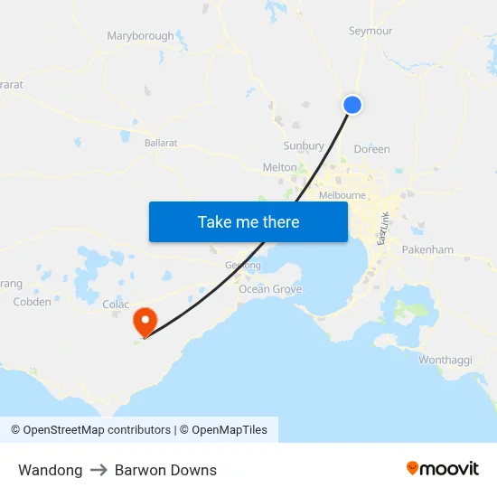 Wandong to Barwon Downs map