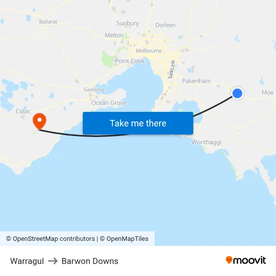 Warragul to Barwon Downs map