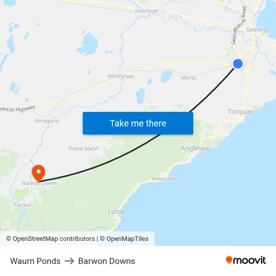 Waurn Ponds to Barwon Downs map